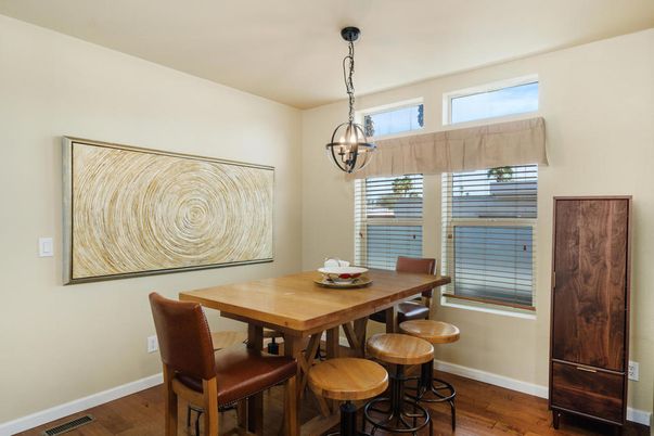 Dining room, Interior, Pendant Lights, Wood Texture Flooring