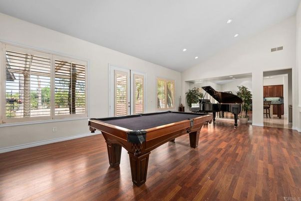 Billiard Table, Game Room, Interior, Piano, Recessed Lighting, Wood Texture Flooring