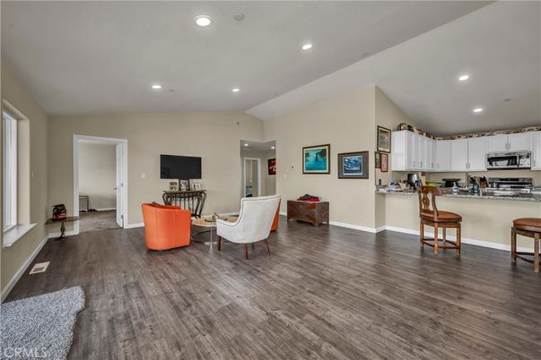 Interior, Kitchen, Living room, Recessed Lighting, Stainless Steel Appliances, Wood Texture Flooring