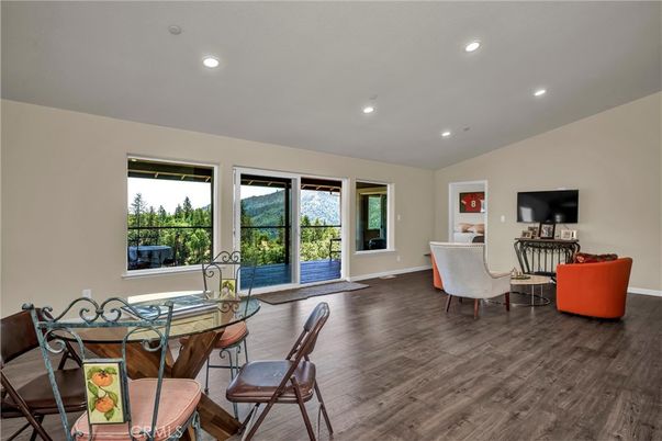 Dining room, Interior, Living room, Recessed Lighting, Wood Texture Flooring