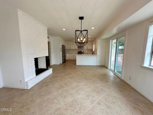 Empty room, Fireplace, Interior, Kitchen, Pendant Lights, Recessed Lighting, Stone Walls
