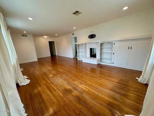 Empty room, Fireplace, Interior, Recessed Lighting, Wood Texture Flooring