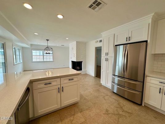 Fireplace, Interior, Kitchen, Pendant Lights, Recessed Lighting, Stainless Steel Appliances