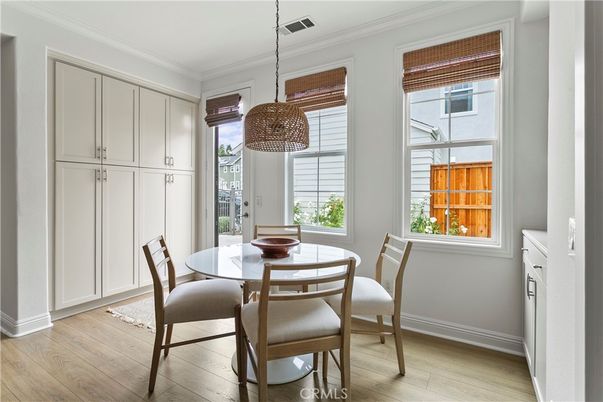 Dining room, Interior, Pendant Lights, Wood Texture Flooring