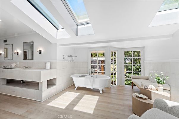 Bathroom, Dual Sink Vanities, Free Standing Baths, Glass Ceilings, Interior, Wood Texture Flooring