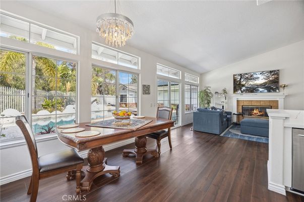 Chandelier, Dining room, Fireplace, Interior, Living room, Wood Texture Flooring