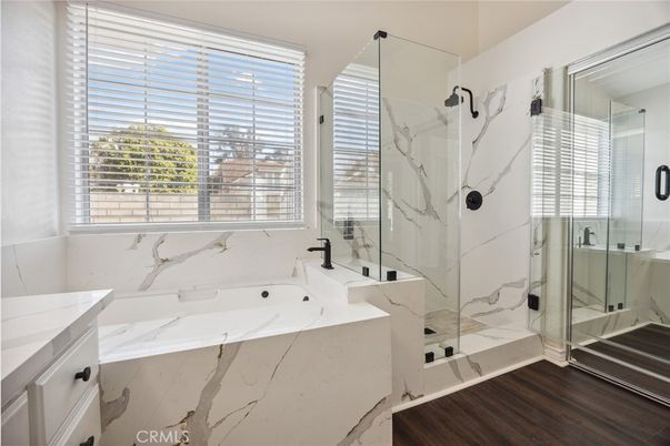Bathroom, Glass Shower, Interior, Marble Walls, Wood Texture Flooring