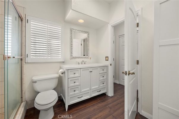 Bathroom, Glass Shower, Interior, Recessed Lighting, Wood Texture Flooring