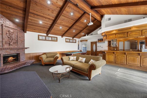 Billiard Table, Fireplace, Game Room, Interior, Living room, Recessed Lighting, Wooden Beams, Wooden Ceilings