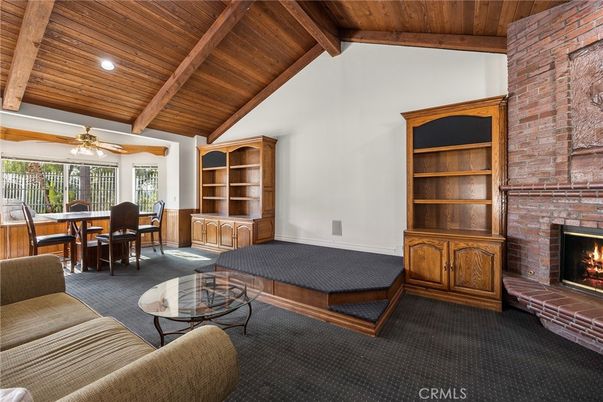 Dining room, Fireplace, Interior, Living room, Recessed Lighting, Stone Walls, Wooden Beams, Wooden Ceilings