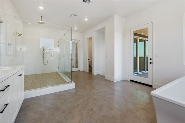 Bathroom, Free Standing Baths, Glass Shower, Interior, Recessed Lighting