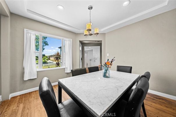 Dining room, Interior, Pendant Lights, Recessed Lighting, Wood Texture Flooring