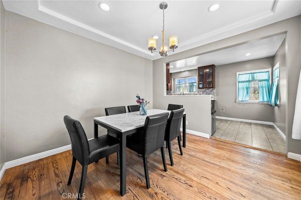 Dining room, Interior, Pendant Lights, Recessed Lighting, Wood Texture Flooring