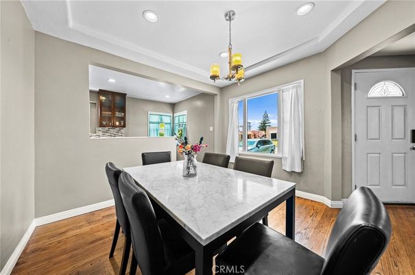Dining room, Interior, Pendant Lights, Recessed Lighting, Wood Texture Flooring