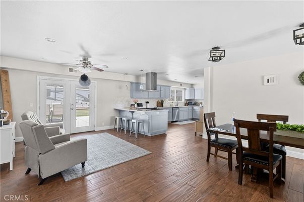 Dining room, Interior, Kitchen, Pendant Lights, Recessed Lighting, Wood Texture Flooring