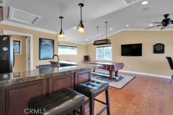 Billiard Table, Game Room, Interior, Pendant Lights, Recessed Lighting, Wood Texture Flooring