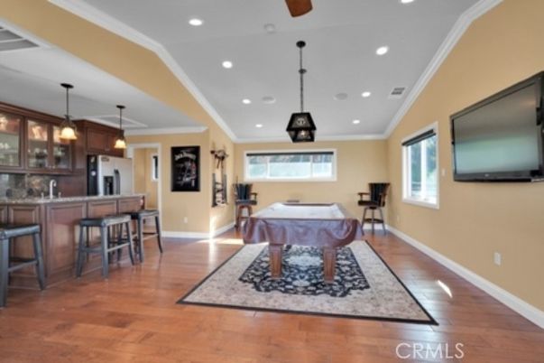 Billiard Table, Game Room, Interior, Pendant Lights, Recessed Lighting, Wood Texture Flooring
