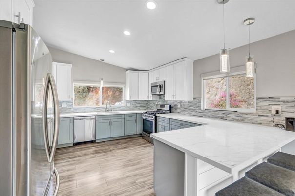 Interior, Kitchen, Pendant Lights, Recessed Lighting, Stainless Steel Appliances, Wood Texture Flooring
