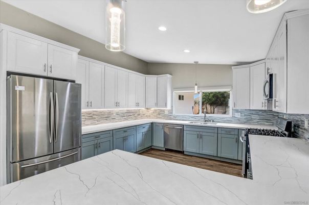 Interior, Kitchen, Pendant Lights, Recessed Lighting, Stainless Steel Appliances, Wood Texture Flooring