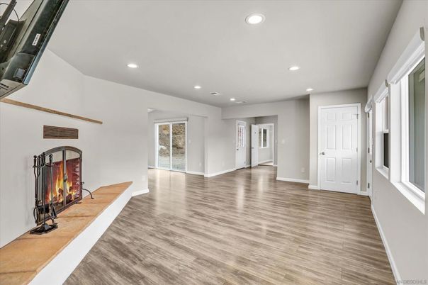 Fireplace, Interior, Recessed Lighting, Wood Texture Flooring
