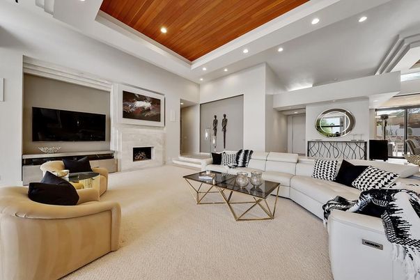 Fireplace, Interior, Living room, Recessed Lighting, Wooden Ceilings