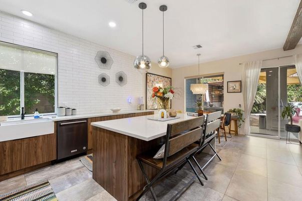 Dining room, Interior, Kitchen, Pendant Lights, Recessed Lighting, Stainless Steel Appliances, Wooden Beams