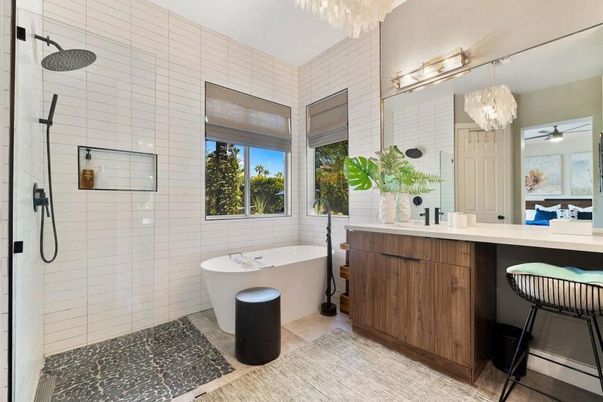 Bathroom, Chandelier, Free Standing Baths, Glass Shower, Interior