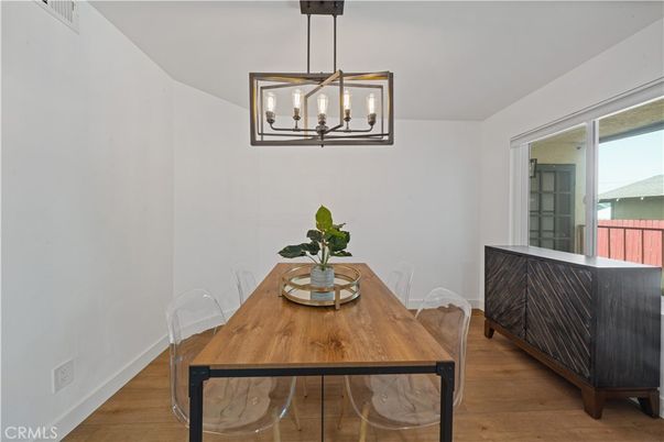 Dining room, Interior, Pendant Lights, Wood Texture Flooring