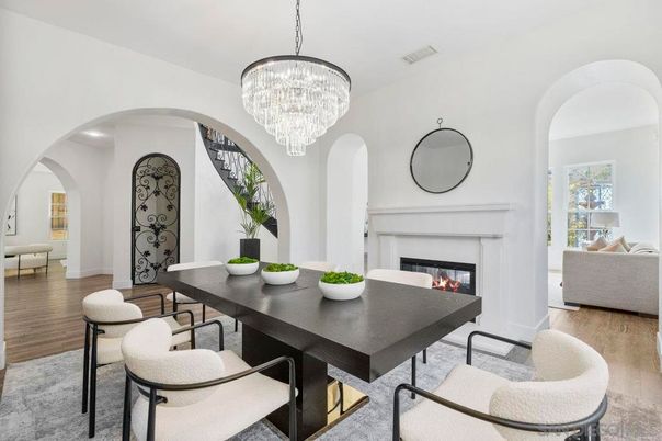 Chandelier, Dining room, Fireplace, Interior, Living room, Wood Texture Flooring