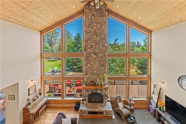 Fireplace, Interior, Living room, Recessed Lighting, Stone Walls, Wooden Ceilings, Wood Texture Flooring