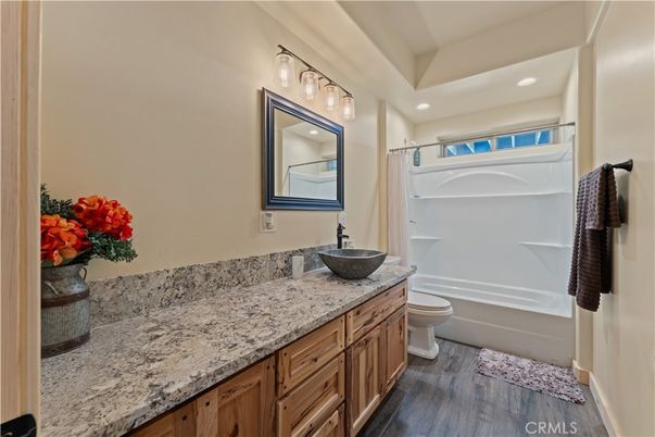 Bathroom, Dual Sink Vanities, Interior, Recessed Lighting, Wood Texture Flooring