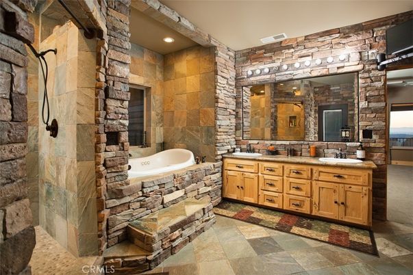 Bathroom, Dual Sink Vanities, Interior, Recessed Lighting, Stone Walls