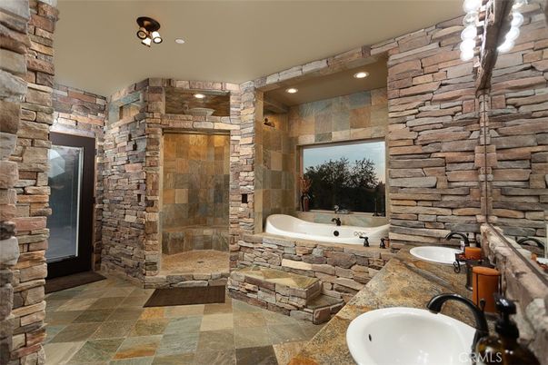 Bathroom, Dual Sink Vanities, Interior, Recessed Lighting, Stone Walls