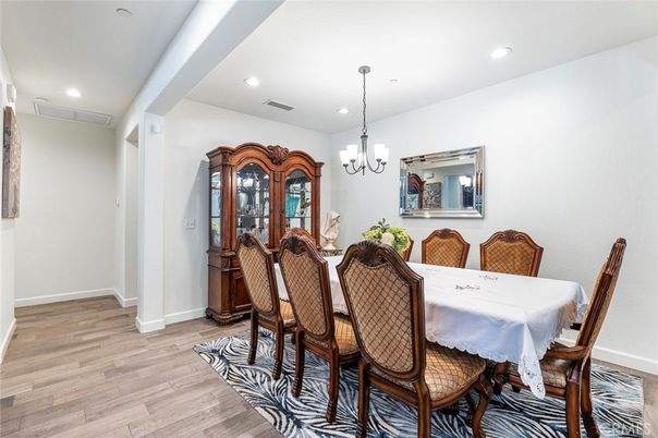 Chandelier, Dining room, Interior, Recessed Lighting, Wood Texture Flooring