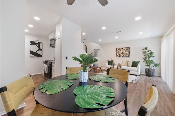 Dining room, Interior, Kitchen, Living room, Recessed Lighting, Stainless Steel Appliances, Wood Texture Flooring
