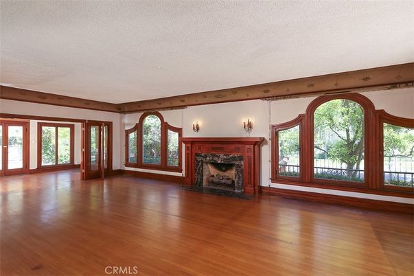 Empty room, Fireplace, Interior, Wooden Beams, Wood Texture Flooring