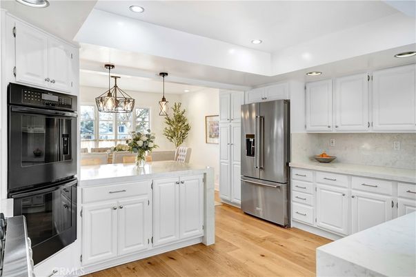 Interior, Kitchen, Pendant Lights, Recessed Lighting, Stainless Steel Appliances, Wood Texture Flooring