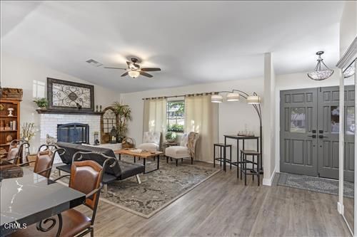 Dining room, Fireplace, Interior, Living room, Wood Texture Flooring