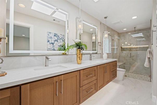 Bathroom, Dual Sink Vanities, Glass Shower, Interior, Marble, Pendant Lights, Recessed Lighting