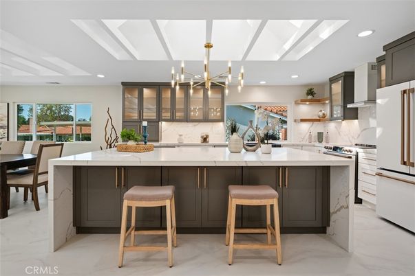 Interior, Kitchen, Marble, Marble Walls, Pendant Lights, Recessed Lighting, Stainless Steel Appliances