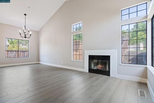 Chandelier, Empty room, Fireplace, Interior, Wood Texture Flooring