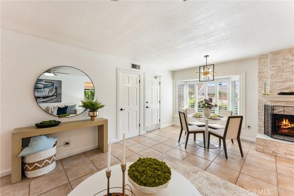 Dining room, Fireplace, Interior, Pendant Lights