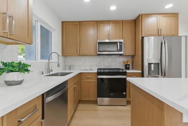 Interior, Kitchen, Recessed Lighting, Stainless Steel Appliances, Wood Texture Flooring