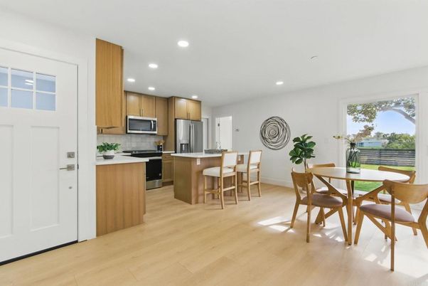 Dining room, Interior, Kitchen, Recessed Lighting, Stainless Steel Appliances, Wood Texture Flooring