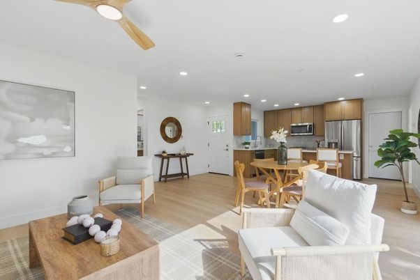 Dining room, Interior, Kitchen, Living room, Recessed Lighting, Stainless Steel Appliances, Wood Texture Flooring