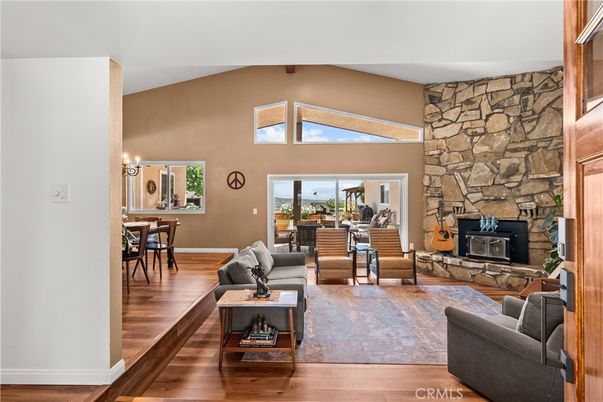 Dining room, Fireplace, Interior, Living room, Stone Walls, Wood Texture Flooring