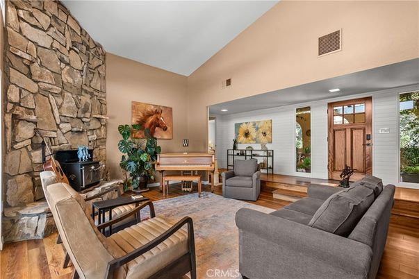 Interior, Living room, Piano, Recessed Lighting, Stone Walls, Wood Texture Flooring