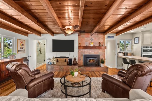 Fireplace, Interior, Kitchen, Living room, Recessed Lighting, Stone Walls, Wooden Beams, Wooden Ceilings, Wood Texture Flooring
