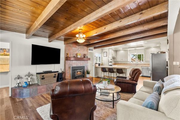 Fireplace, Interior, Kitchen, Living room, Recessed Lighting, Stone Walls, Wooden Beams, Wooden Ceilings, Wood Texture Flooring