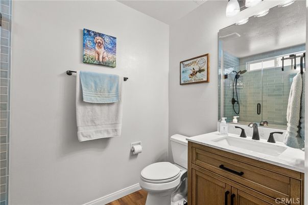 Bathroom, Glass Shower, Interior, Wood Texture Flooring